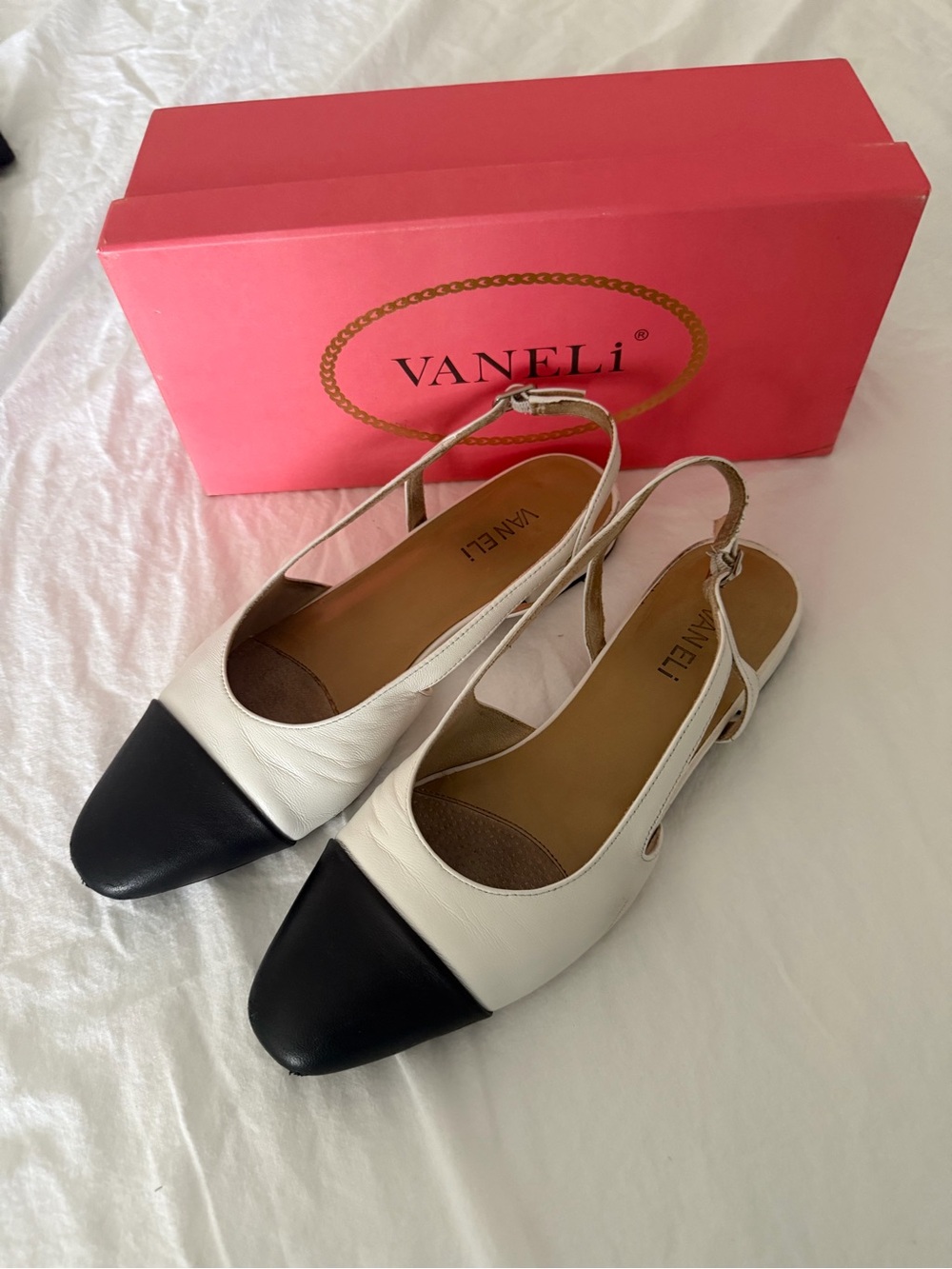 Vaneli Two-Tone Slingback Flats — White and Black Cap